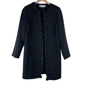 Tahari ASL Black Floral Applique Open Front Longline Topper Jacket